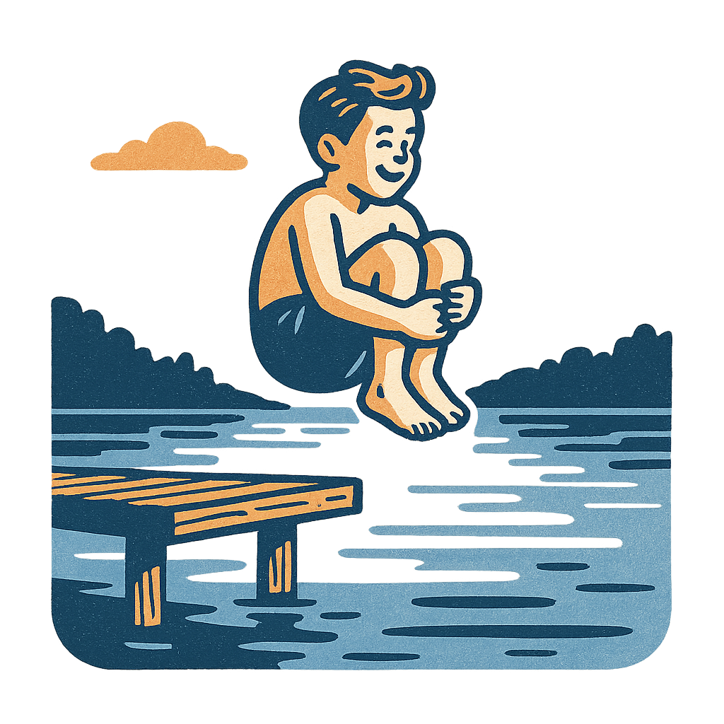 Kid jumping off a dock into the lake