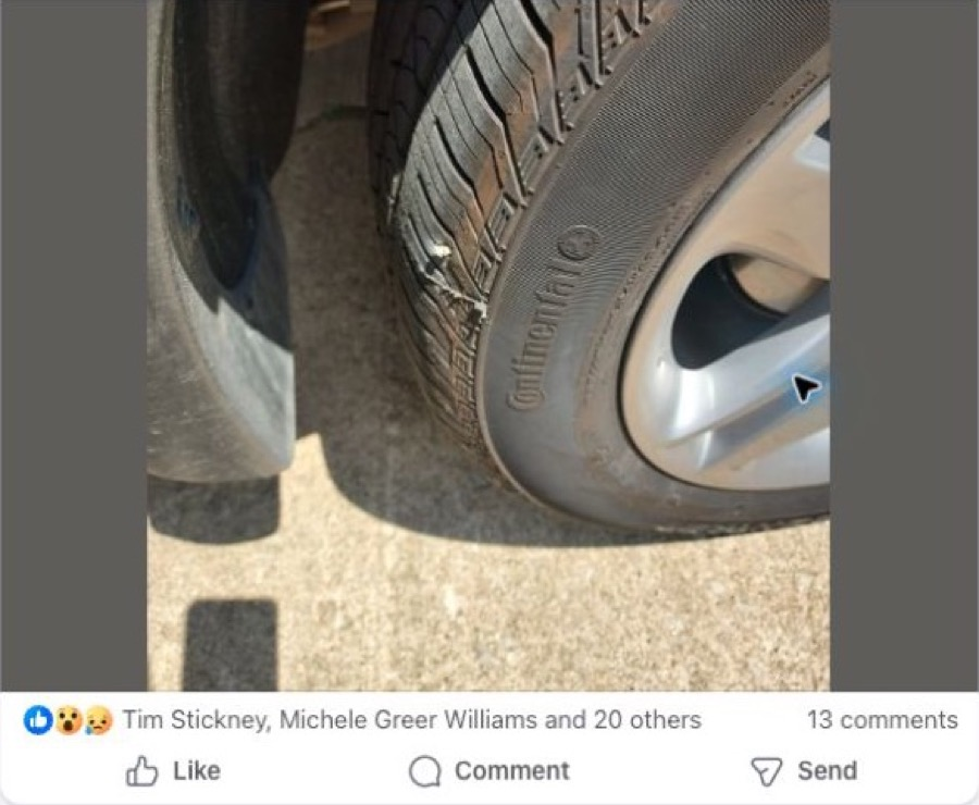 Facebook photo of a nail in a vehicle tire after nearby roof work
