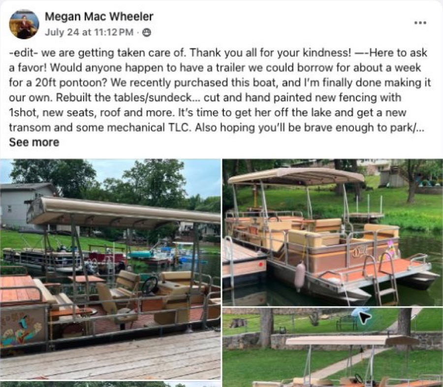 Megan Mac Wheeler's pontoon neighbor-assist Facebook post with boat photos