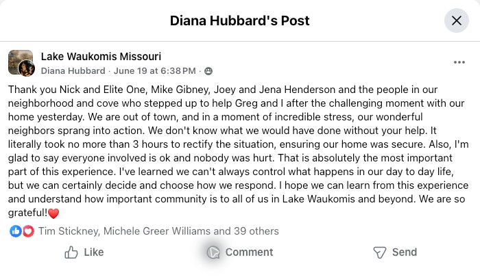 Diana Hubbard's Lake Waukomis neighbor-assist thank-you Facebook post