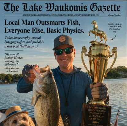 Lake Waukomis Gazette style bass-brag graphic shared by Andrew Garcia