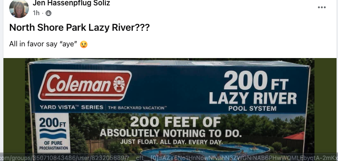 Jen Hassenpflug Soliz Facebook post joking about a North Shore Park lazy river