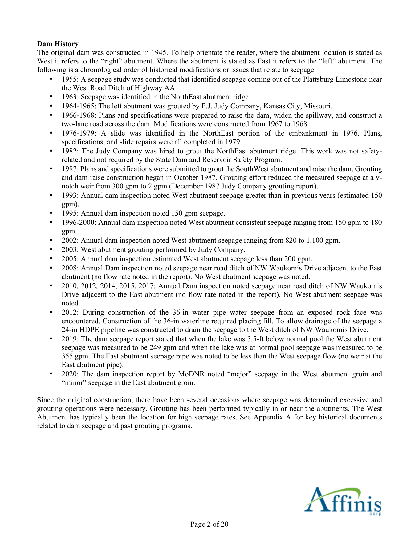 Lake Waukomis dam history page from a seepage assessment report