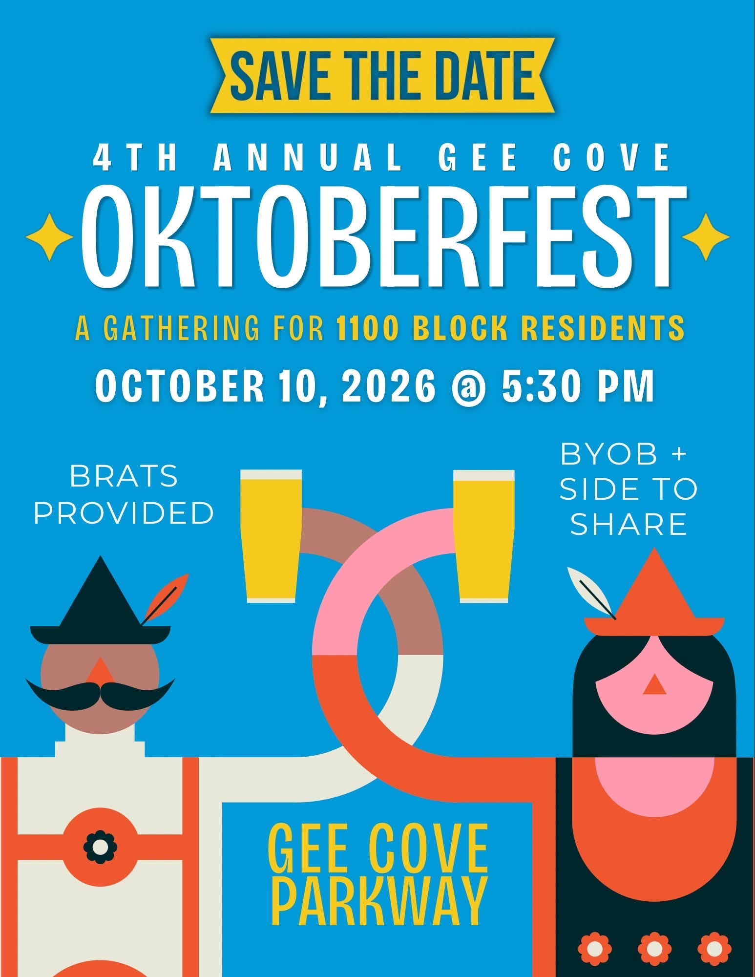 Save-the-date flyer for the fourth annual Gee Cove Oktoberfest for 1100-block residents