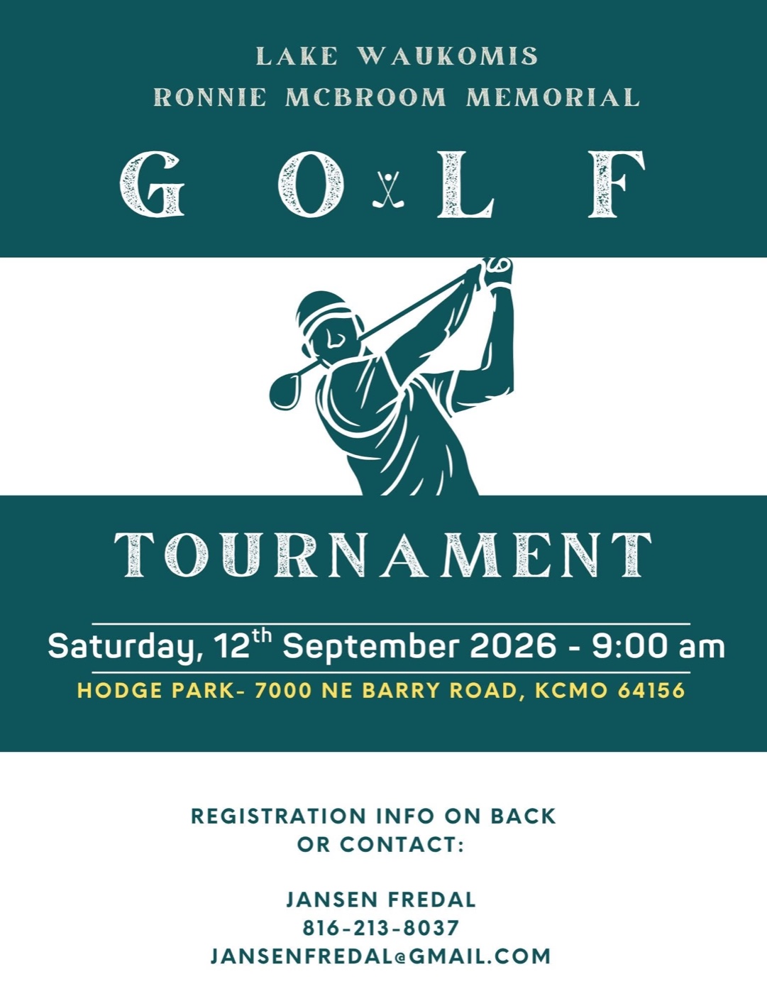Ronnie McBroom Memorial Golf Tournament flyer with date, location, cost, and registration information